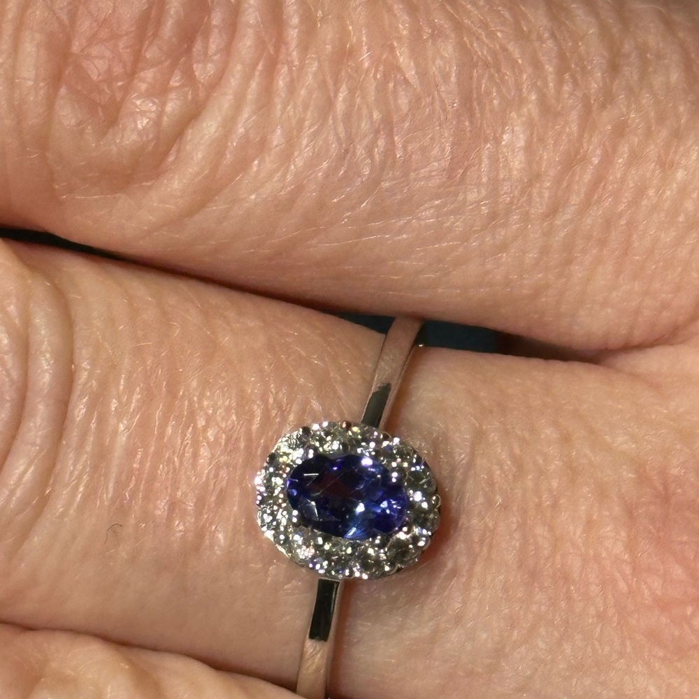 14k White Gold Tanzanite and Diamond Halo Ring Size 10